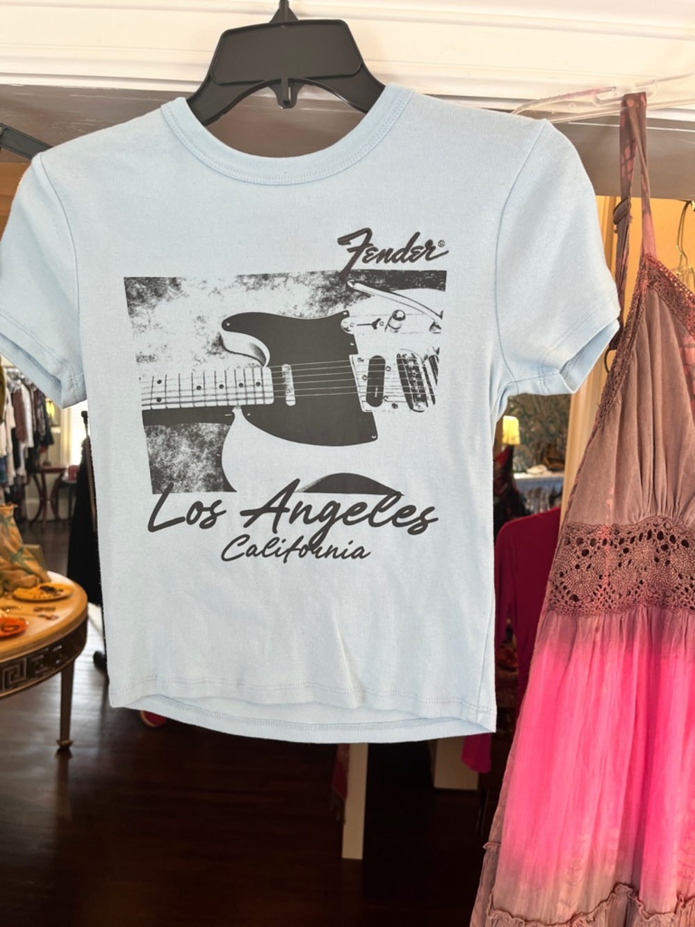 Fender Blue Tee with Black Logo Embroidered Script 18.00 size M  lgth 18” b 34”